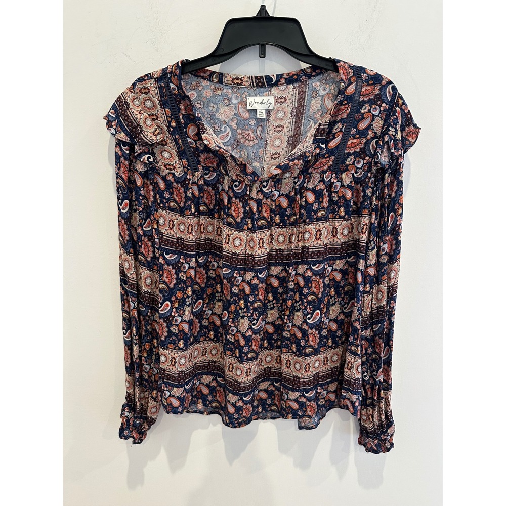 Wonderly Navy Paisley Floral Crochet Trim Ruffle Blouse Petite Medium cottage